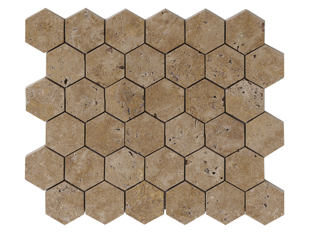 Noce Travertine, 2" Hexagon Mosaic