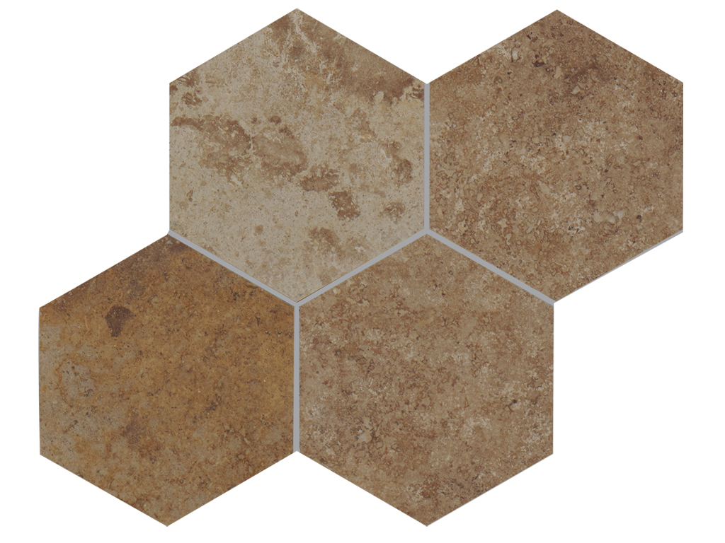 Omni Colori Travertine, Cross-Cut, Unfilled, Brushed, Hexagon Tiles