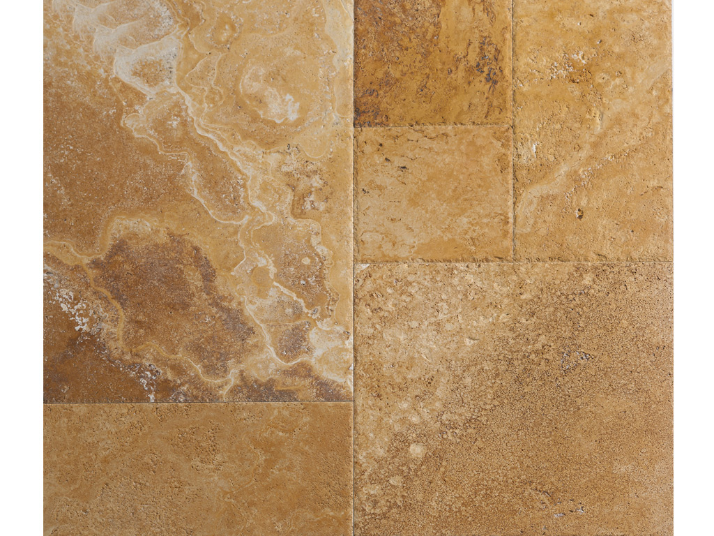 Apollon Gold - Yellow Travertine, Cross-Cut, Filled, Brushed, Chiselled Edge, Tile