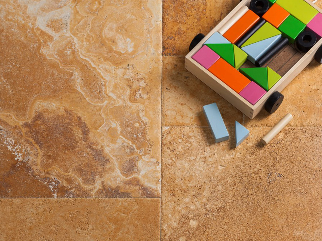 Apollon Gold - Yellow Travertine, Cross-Cut, Filled, Brushed, Chiselled Edge, Tile